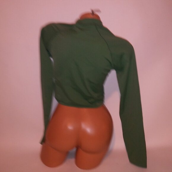 Victoria Secret PINK Swim Rash Guard Large Green Solid Long Sleeve Logo Crew Nec - Picture 6 of 6